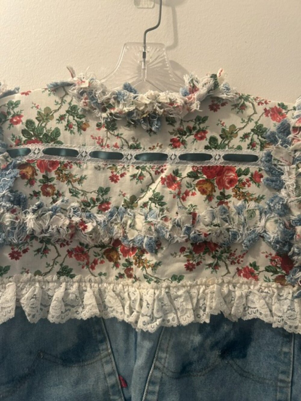 One of a Kind Upcycled Handcrafted Floral Lace Ribbon Distressed Denim Vest - Picture 11 of 16